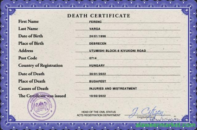Hungary vital record death certificate PSD